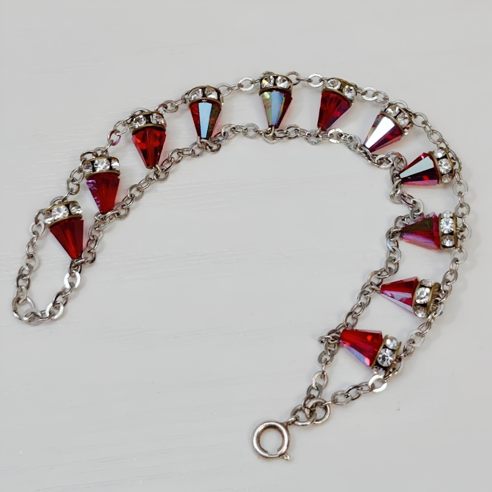 Vintage Sterling Silver RARE Red Siam Aurora Boreale Swarovski Crystal Bracelet - Picture 12 of 13